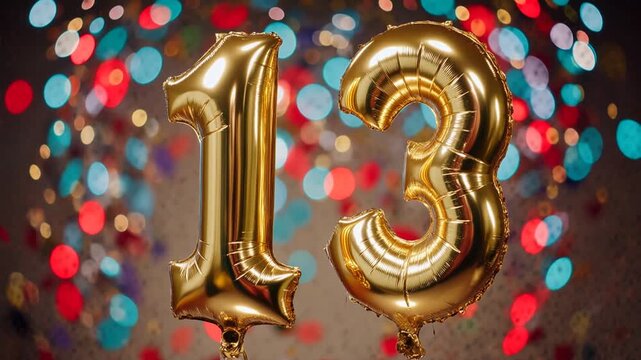 Birthday balloon shape number thirteen golden letter figure 13 celebration background AI Generative