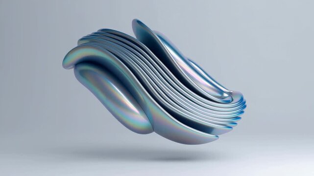 Abstract metallic sculpture rotates and morphs as a floating 3D form in a minimal studio space. Technology branding, design presentations, and innovation campaigns.