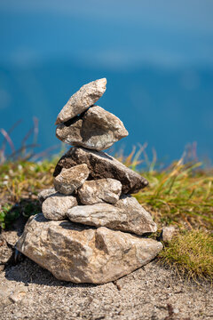 Harmony and balance. Zen pebble. Nature balance with stone pyramid. Zen life balance and harmony. Stone Cairn pyramid. Cairn balance stone. Rock Zen for mindfulness. Meditation Cairn outdoor