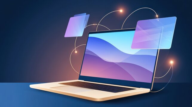 Modern vector illustration of laptop with abstract interface for distance learning