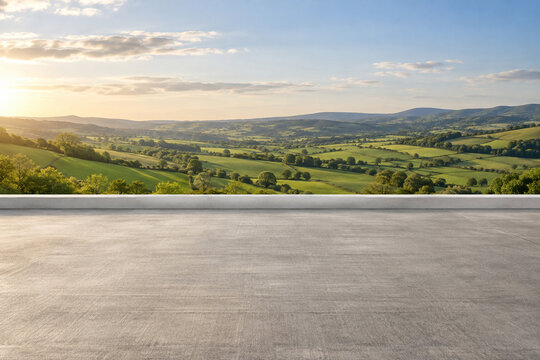 Empty spring pasture overlook for premium vehicle advertising background