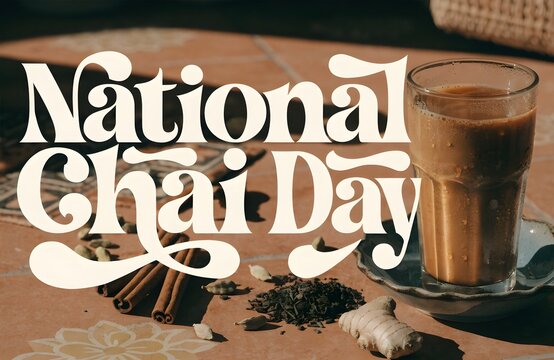 National chai day sign with a glass of spiced milky tea and raw ingredients on a rustic table masala tea cinnamon sticks ginger root cardamom pods tea leaves