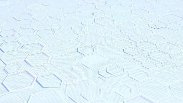 Pale blue hexagonal technology pattern shifts across a bright digital surface. Technology presentations, science education, and medical research content.