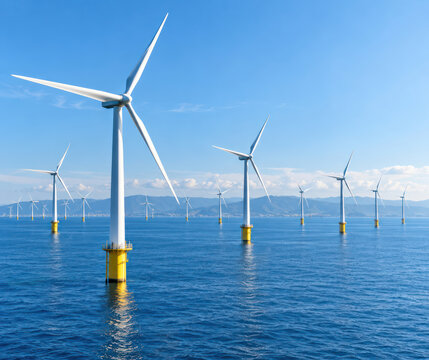 Offshore Wind Farm with Turbines Generating Clean Renewable Energy at Sea