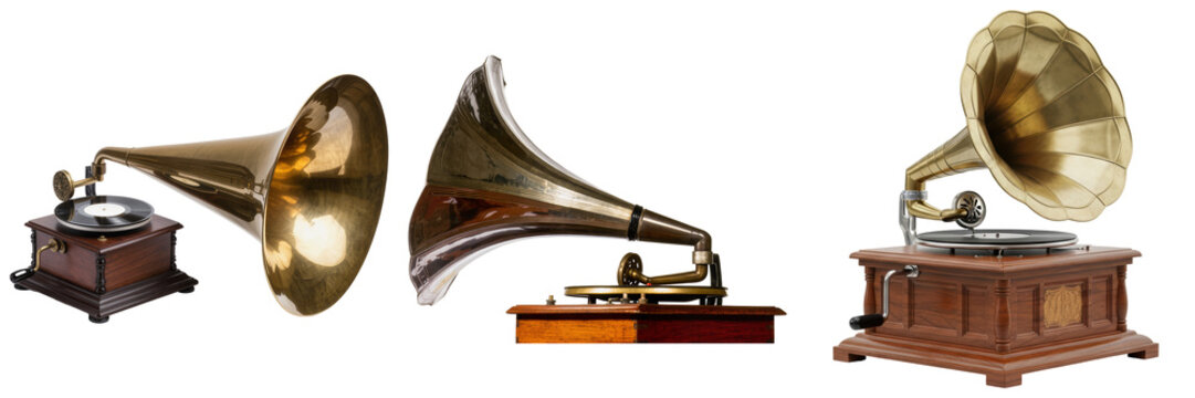 Three vintage gramophones with brass horns and wooden bases on a transparent background