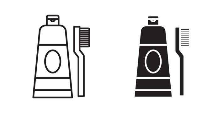 Toothbrush and toothpaste icon flat outline in black