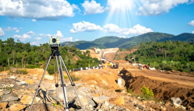 Surveying equipment on tripod at construction site with mountains and sunbeams