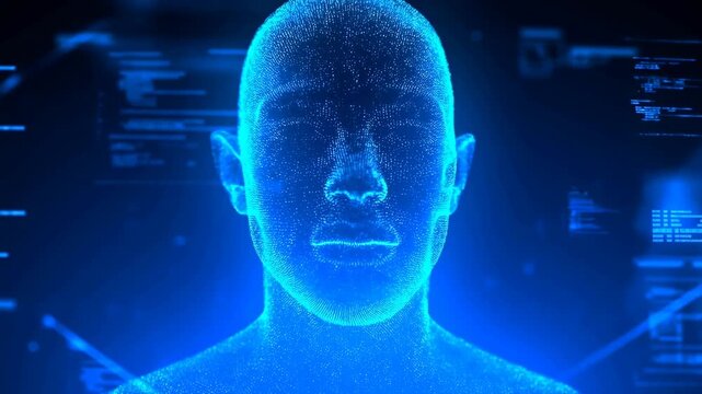 Digital human head animates within a futuristic computer interface. Technology presentations, artificial intelligence education, and cybersecurity campaigns.