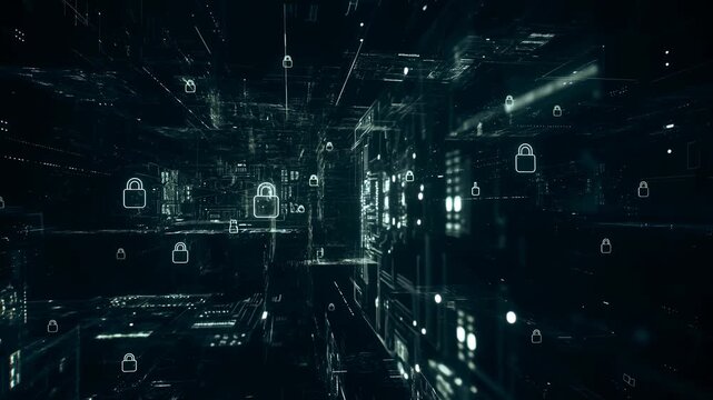 Glowing padlock symbols float through a dark digital security network with grids and data panels. Cybersecurity advertising, data privacy presentations.