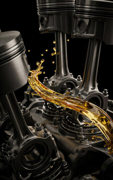 Close-up of Engine Pistons and Connecting Rods with Flowing Golden Oil Keywords: engine, pistons, connecting rods, crankshaft, engine oil, oil splash, liquid, fluid