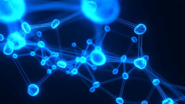 Glowing network nodes drift through a dark digital space as connected lines form an abstract technology. Technology presentations, data science media, and artificial intelligence campaigns.