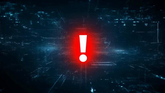 Glowing exclamation mark pulses in a dark blue digital interface with red light and cyan fragments. Cybersecurity presentations, software error messaging, and technology risk communication.