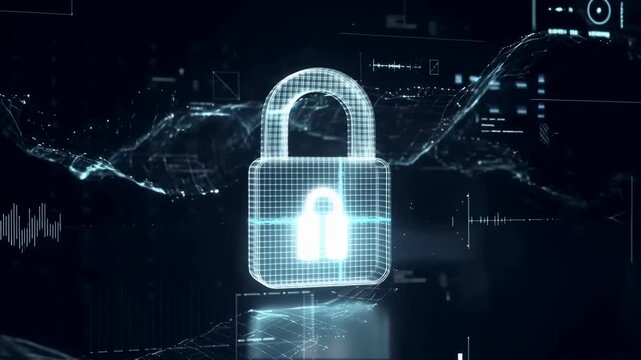 Glowing digital padlock with flowing network lines in an abstract cybersecurity interface. Cybersecurity presentations, data protection advertising, and privacy awareness campaigns.
