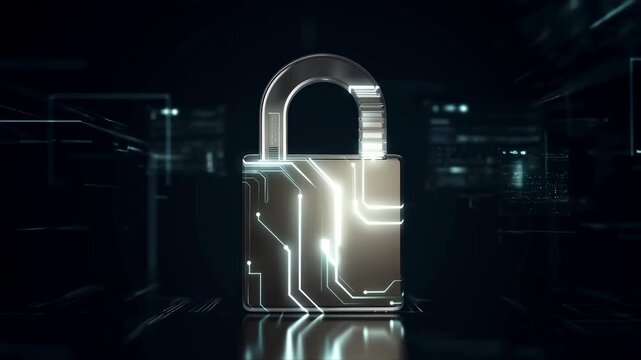 Digital security padlock with glowing circuit traces in a dark futuristic environment. Cybersecurity presentations, data protection advertising, and online privacy campaigns.