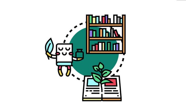 Cute cartoon book character and open book with growing plant representing knowledge exchange and the organized flow of books and information in a modern library circulation system
