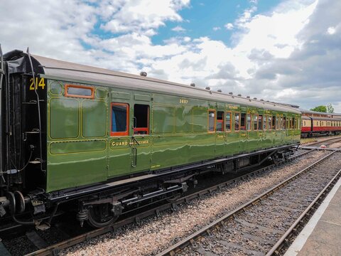 A beautifully restored historic railway carriage on the bluebell Heritage Railway in Sussex, England
