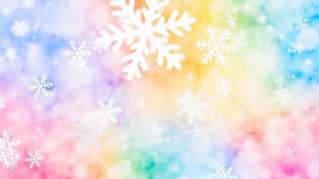 Pastel snowflakes drift across a softly blurred colorful winter field. Winter greeting cards, holiday invitations, and seasonal social media graphics.