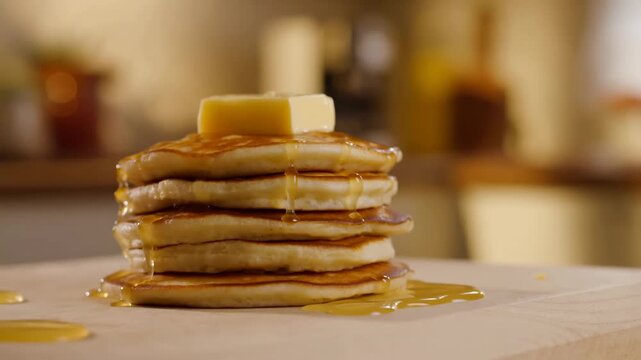 Pancake stack receives maple syrup on a kitchen counter. Breakfast food advertising, restaurant menu promotion, and brunch campaign.