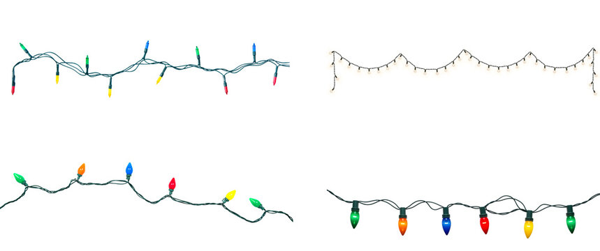 String of colorful Christmas lights with green wire, isolated on white and transparent backgrounds