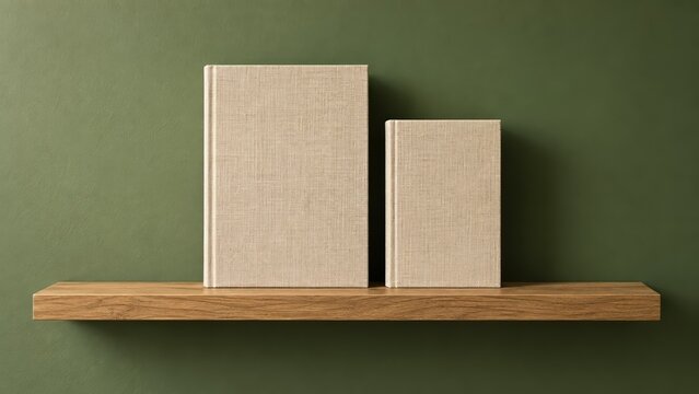 Blank mockup books on a minimalist shelf against a vibrant background. Two linen hardcovers in different sizes create a simple sage green composition on a warm wooden ledge with ample copy space.