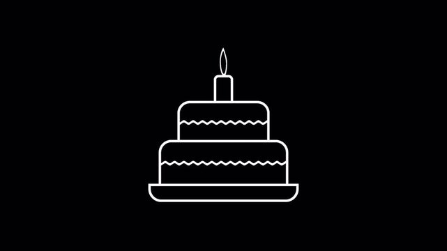 Birthday Cake with Candle White Line Animation on Transparent Background