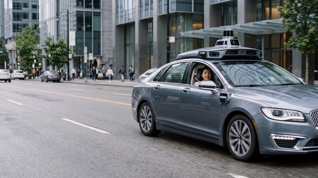 Asian woman commuter riding inside autonomous self driving vehicle on downtown road. Smiling female passenger traveling in modern robotic taxi equipped with sensor roof technology.