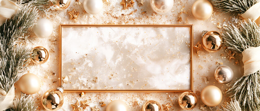 Elegant golden frame decorated with pine branches and gold ornaments, luxury holiday border mockup for invitations, menus, greeting cards and other text overlay designs.