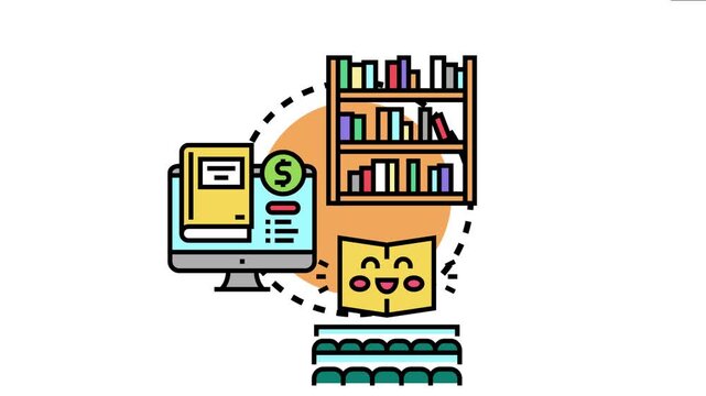 Library book stock management involving both physical bookshelves and digital e books displayed on a computer screen, with reading and knowledge acquisition