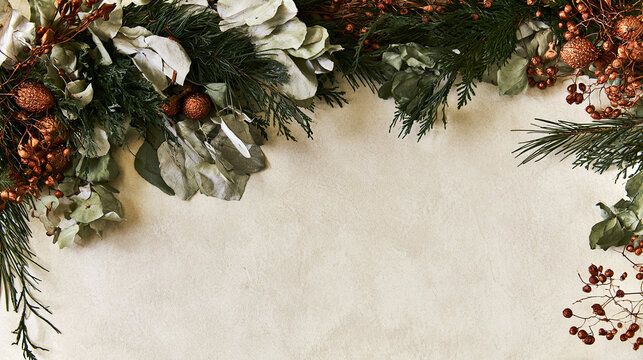 Festive botanical Christmas mockup with space for text, with pine branches, white berries and decorative brown shimering ornament.