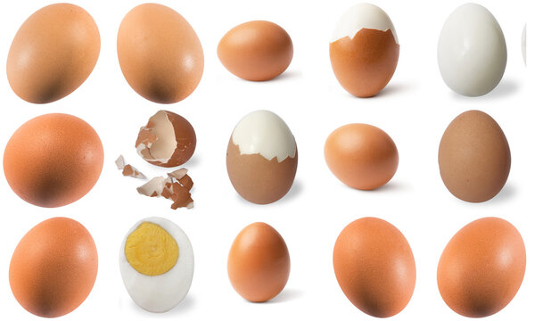 Collection of brown eggs, some whole, some peeled, and eggshells on a transparent background