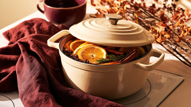 Pot of mulled wine with citrus and spices beside natural autumn decor. Warm winter drink scene for mulled wine recipes, food blogs, seasonal menus.