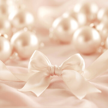 Square coquette-style winter background with cream pearls and a soft sati
