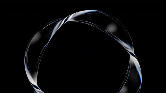Abstract glass spiral with chromatic aberration, looping 3d animation of transparent twisting ribbon on black background. 3d rendering not AI