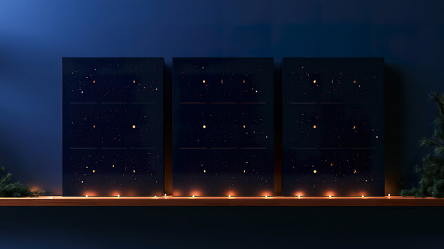 Cosmic Advent calendar with dark navy panels, glowing lights and garland. Christmas composition for countdown traditions, Advent customs, holiday gifting and winter celebration
