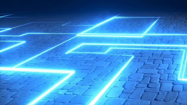 Glowing geometric lines advance across a dark tiled surface in a futuristic digital environment. Technology presentations, cybersecurity media, and digital product advertising.