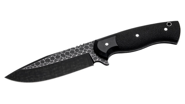 Black tactical knife with textured handle and honeycomb blade pattern, isolated on transparent background