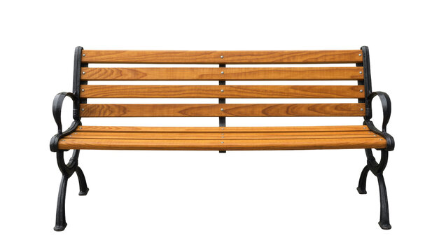 Wooden park bench with black metal frame, isolated on transparent background
