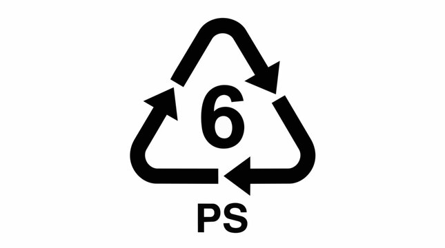 Polystyrene recycling symbol 6 PS, black plastic resin identification code vector, eco-friendly waste management icon