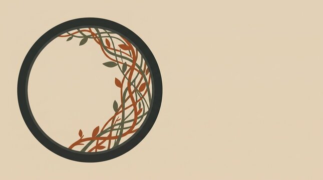 Vintage floral circle frame on beige background, elegant vine border with leaves, minimalist botanical wreath for invitation design