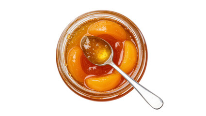 Glass jar filled with sliced apricots and syrup spoon resting inside, isolated on transparent background © Ozols
