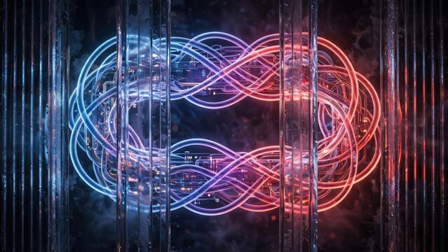 Neon toroidal energy reactor glows with intricate intersecting circuits, pulsing with science