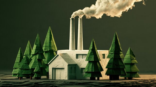 Minimalist isometric 3D render of a modern clean factory. 