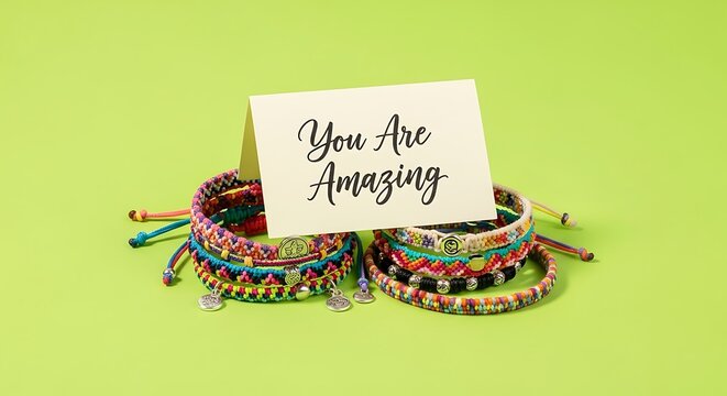 colorful friendship bracelets and a note card