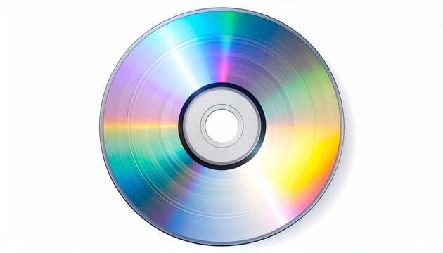 Shiny compact disc with colorful rainbow reflections isolated on a clean white background