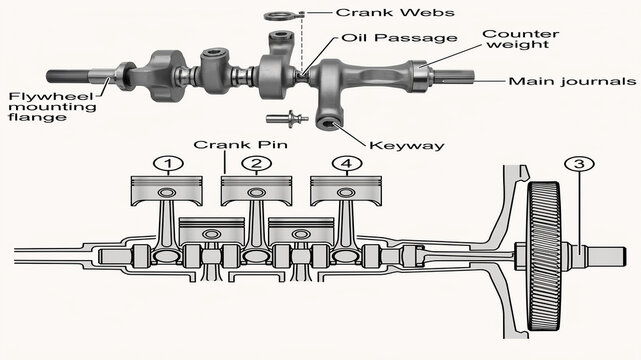 Diagram of Internal Combustion Engine Crankshaft and Piston Assembly Keywords: engine, internal combustion, crankshaft, piston, cylinder, connecting rod, crank pin