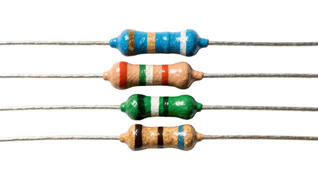Four colorful electronic resistors with metal leads, isolated on transparent background