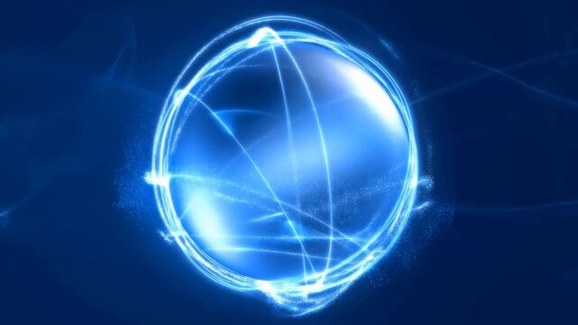Glowing digital network sphere with orbiting light trails in abstract cyberspace. Technology presentations, internet service campaigns, and digital transformation media.