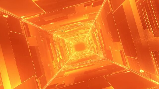 Glowing geometric frames rotate through an orange digital tunnel toward a central vanishing point. Technology presentations, futuristic title sequences, and digital interface design.