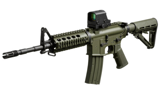 Olive green assault rifle with red dot sight, isolated on transparent background