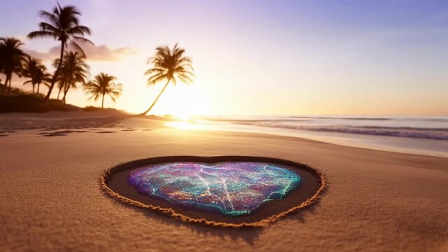 Glowing digital network map pulses across tropical beach sand beside ocean waves at sunset. Technology presentations, telecommunications advertising, and digital transformation campaigns.